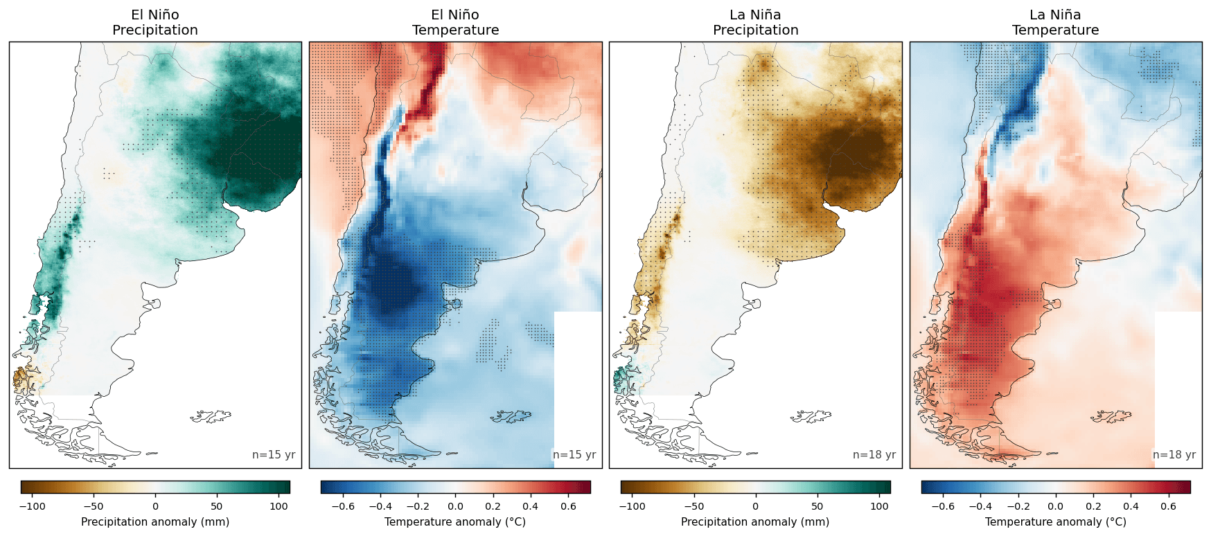 The same comparison for November to January, when maize and soybean crops are getting established across the Pampas