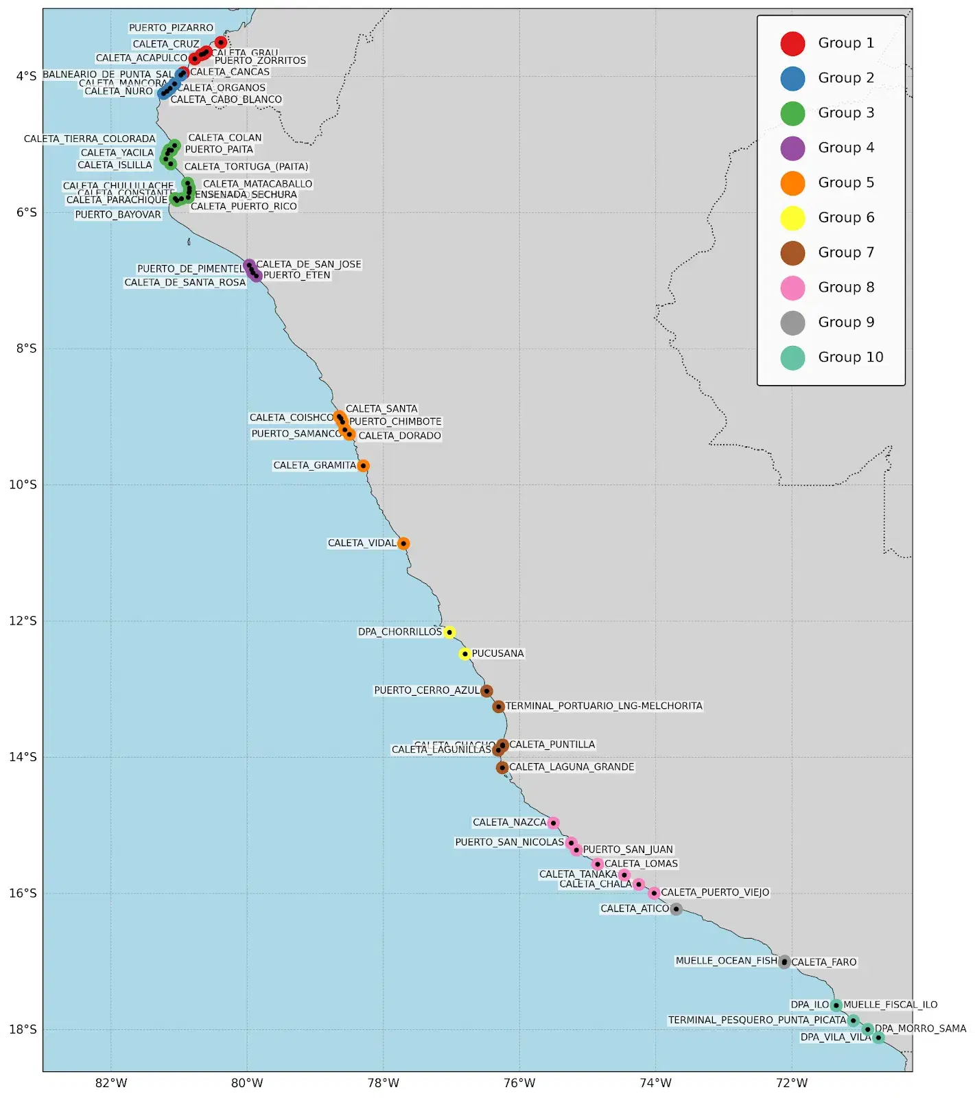 Map of Peru's fishing caletas